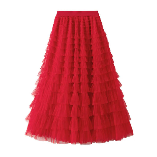 Elegant Layered Mesh Skirt For Women/High-Waisted Puff Skirt/Dropped A~Line/Appliqués Decorative Loose Fitted Skirt.