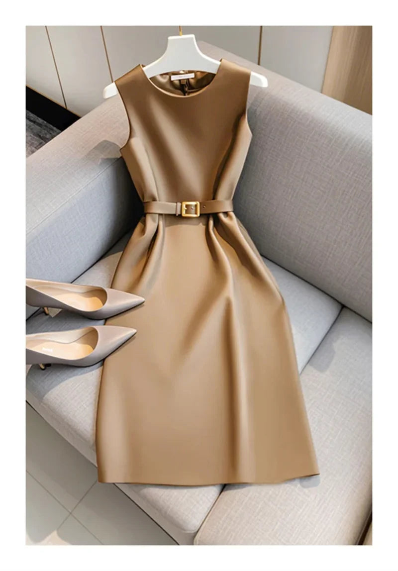New French Luxury Summer Dress Women Elegant Sleeveless High Waist Satin Formal Dress Fashion Party Vestidos with Belt High End