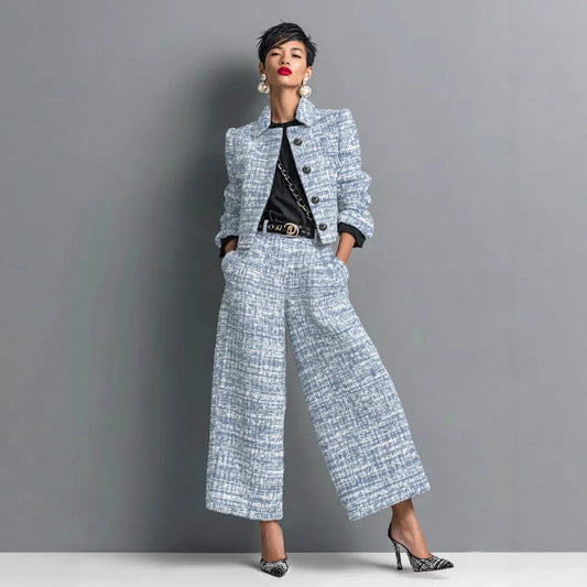 Luxury Tweed Two-Piece Set for Women – Elegant Printed Button Jacket & Wide Leg Pants Set | Modern Blend Boutique