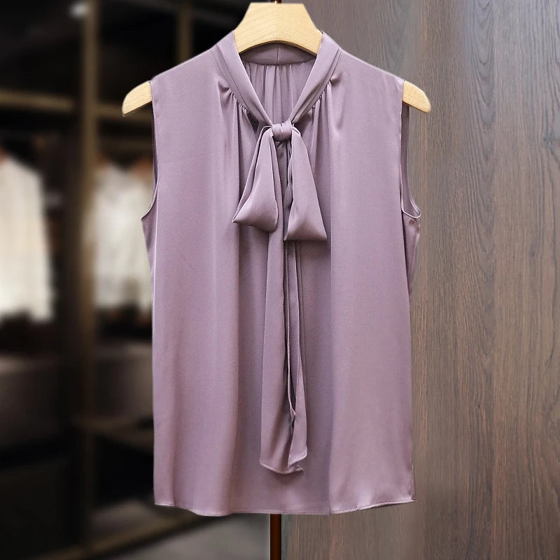Fashion Ice Silk Top Pink Satin Acetate Blouse/Lace Up Bow Tie/Sexy elegant chiffon blouse.