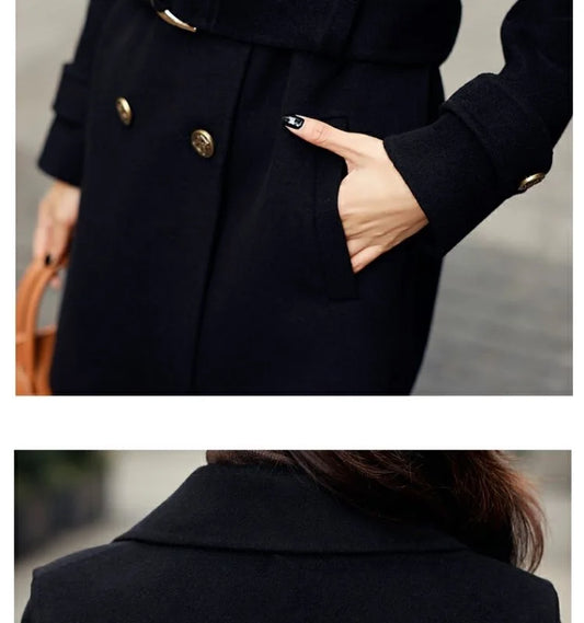 Women’s Double-Breasted Belted Long Wool-Blend Coat | Tailored Winter Overcoat with Gold Buttons & Notched Lapel | Sizes S–3XL