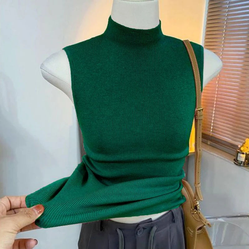 Knitted turtleneck sweater/Women Half High Collar Fashion/Autumn Basic Slim Sleeveless Sweaters/All-match Ulzzang Leisure Knitting. Popular Slightly Stretch.