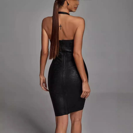 New Gold Foil Sexy Dress/Halter Body~Con  Mini Bandage Dress/Sleeveless Nighclub Party Fashion Celebrity Dress.