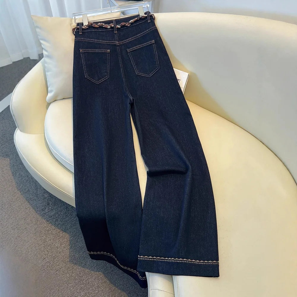 Luxury High-Waist Wide-Leg Denim Jeans with Boho Scarf Tie & Beaded Drawstring | Modern Blend Boutique