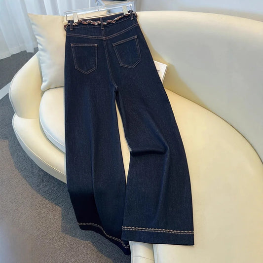 Luxury High-Waist Wide-Leg Denim Jeans with Boho Scarf Tie & Beaded Drawstring | Modern Blend Boutique