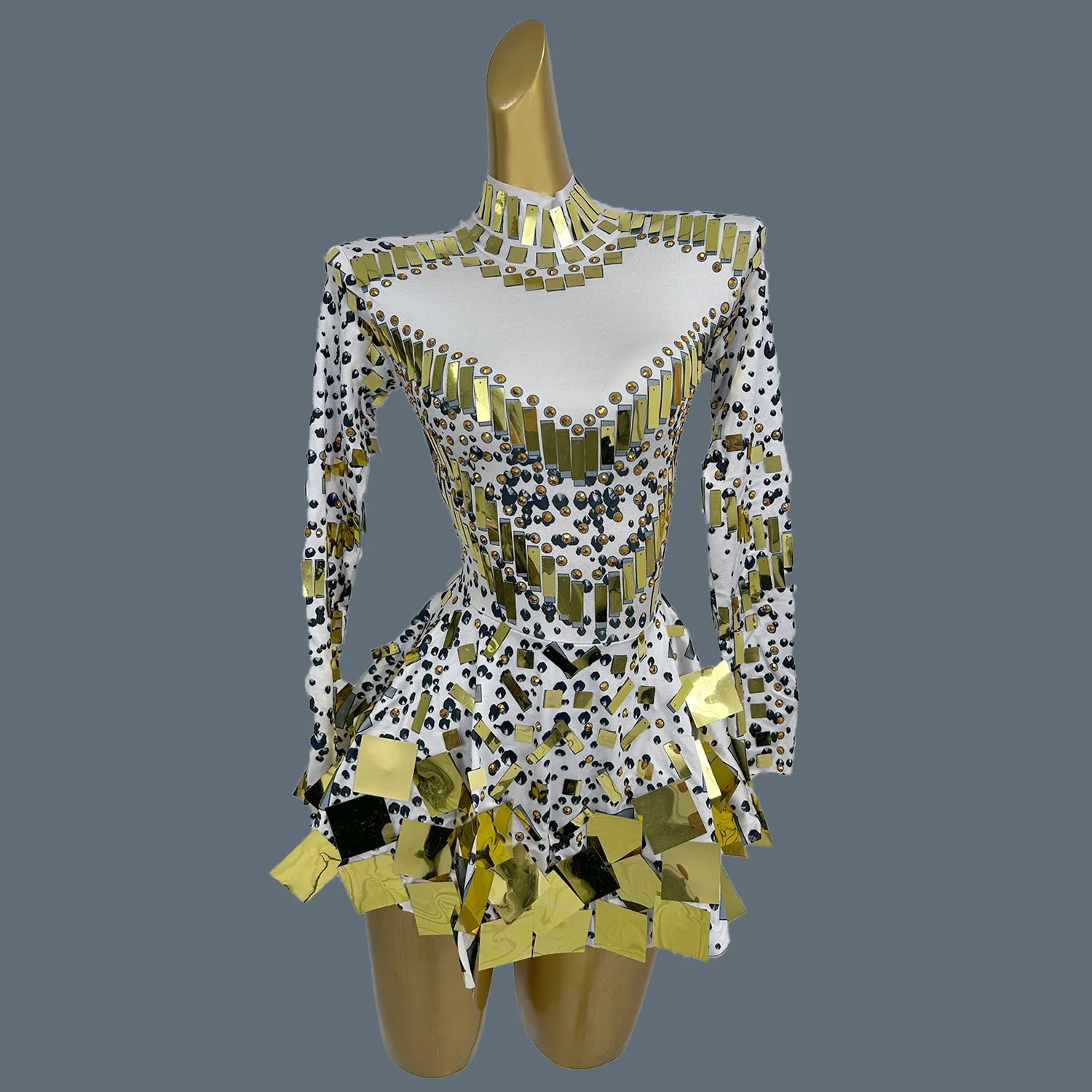 Dazzling Golden Rhinestone Mini Dress/Stage Sequined Maxi Dress/Concert Event Day/Crystal Mirror Silhouette A-LINE Dress.
