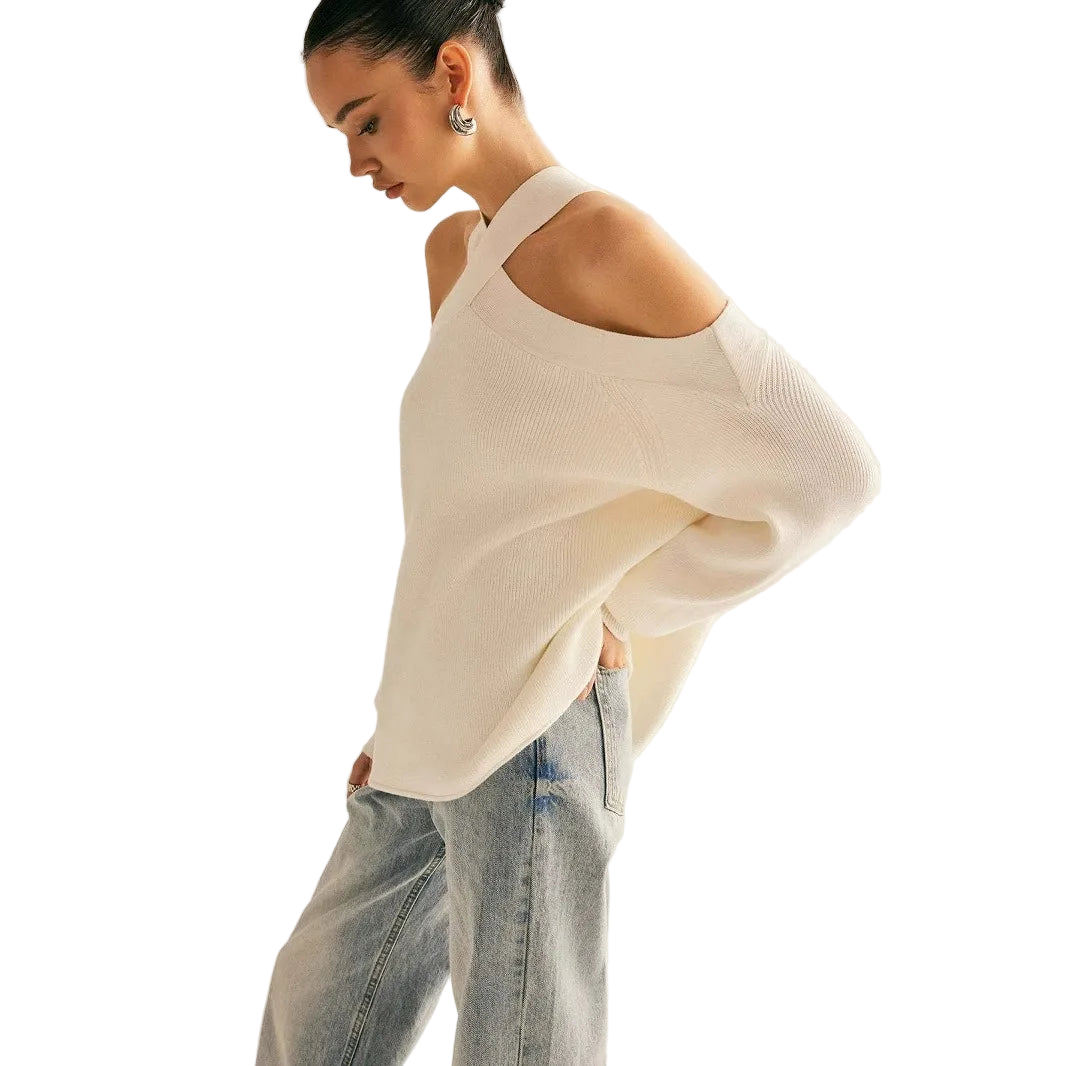 Loose fitted/Cross-Over Collar Cold-Shoulder Sweater/Off Shoulder Sweater/Loose Solid Color Halter Neck Long Sleeve Pullover Knitted Tops Casual Winter Fall Clothes.