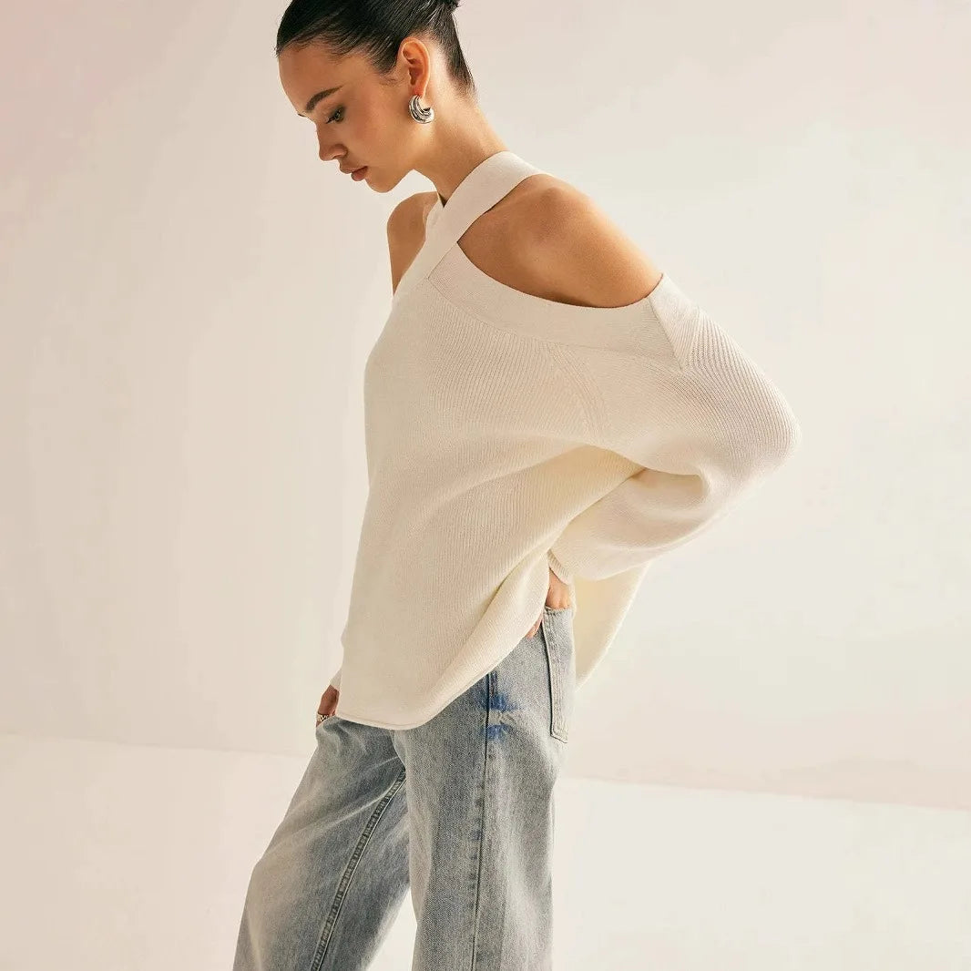 Loose fitted/Cross-Over Collar Cold-Shoulder Sweater/Off Shoulder Sweater/Loose Solid Color Halter Neck Long Sleeve Pullover Knitted Tops Casual Winter Fall Clothes.