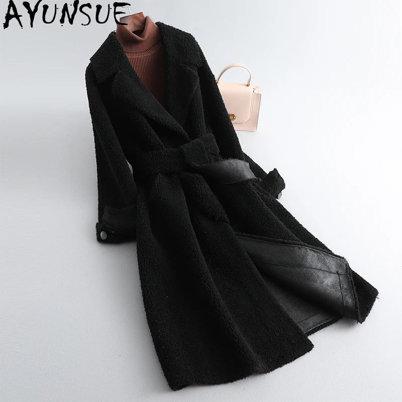 Sumptuous Solid Natural Woolen Coat/Woman Mid Length Lace-up Winter Coat/New Outerwear’s.