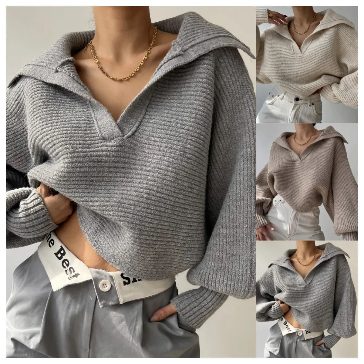 Stylish Cropped V~Neck Sweater/Turn Down Collar Loose Fitted Sweater/Full Sleeve Splice Pullovers Straight Thick Sweater.