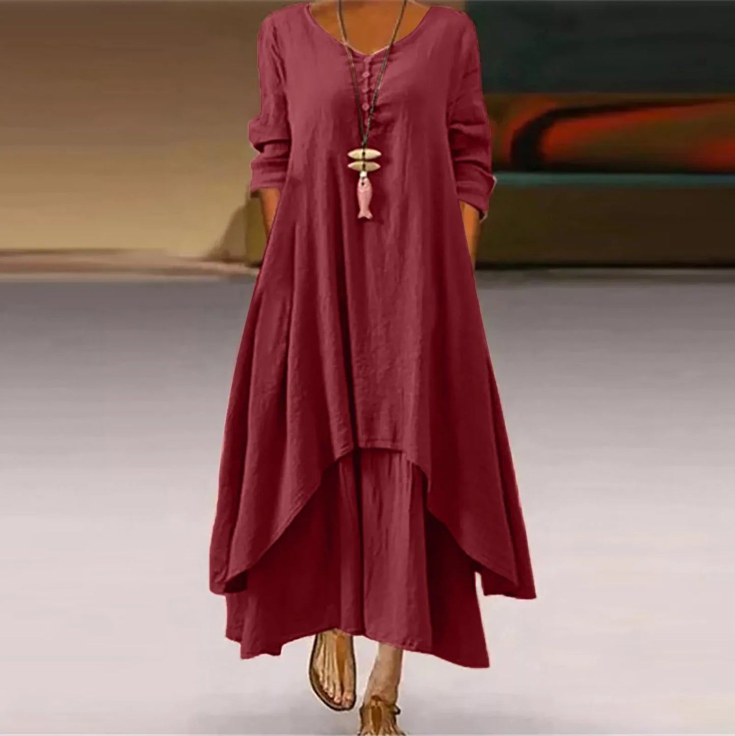 Oversized Linen Ginger Dresses/Bohemia Layering Vintage Robe/Long /Sleeve Loose Long Dress Female Autumn Vestidos.