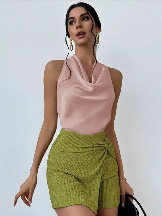Elegant Satin Halter Blouse for Women – Sleeveless Bow Neck Office Lady Top