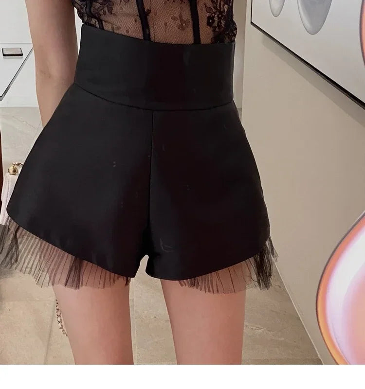 Satin A Line Short’s/High Waist Mesh Patchwork/Wide Leg Slim Suit Short’s/ Zipper Back Elegant Chic Design Solid Office Lady.