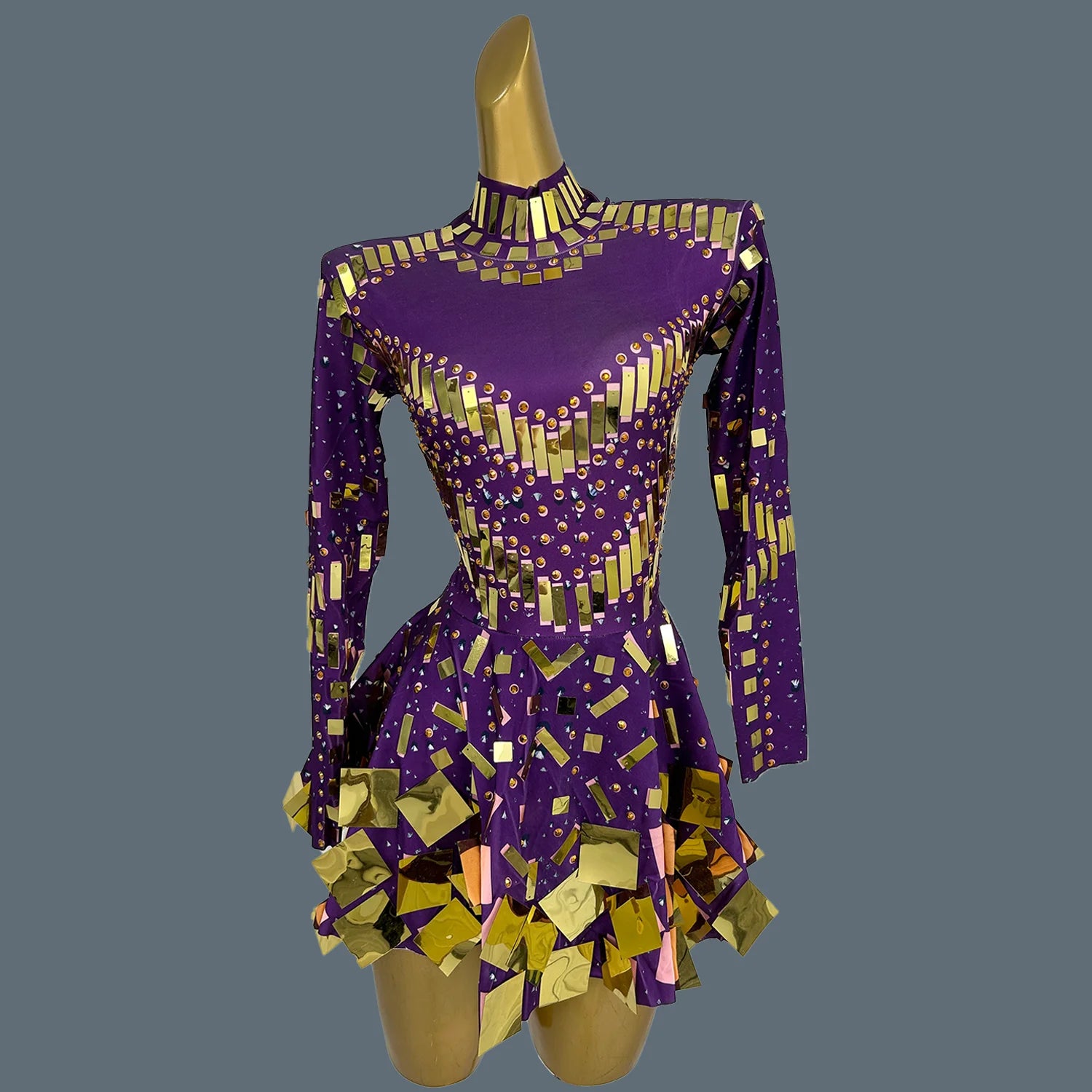 Dazzling Golden Rhinestone Mini Dress/Stage Sequined Maxi Dress/Concert Event Day/Crystal Mirror Silhouette A-LINE Dress.