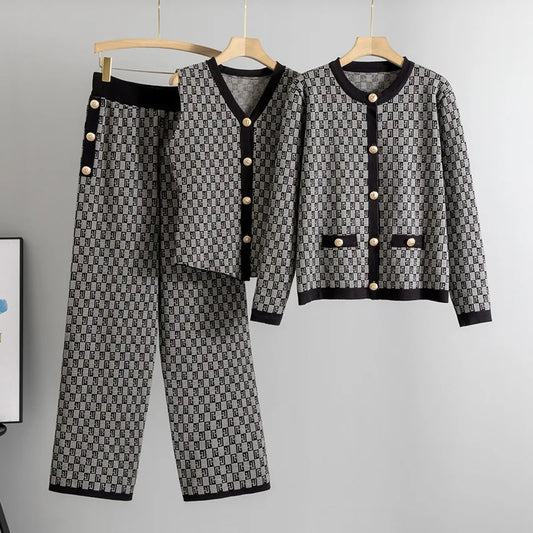 Women’s Elegant Knit Cardigan, Sleeveless Vest & Wide-Leg Trousers Set | Classic Geometric Pattern | Sophisticated Office & Casual Wear