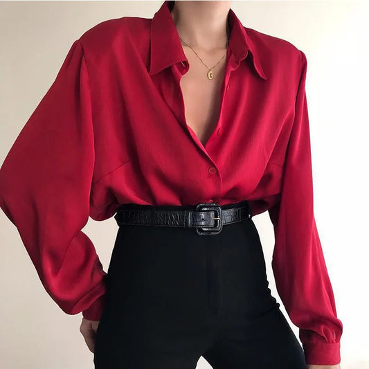 Admirable Solid V~Neck Button Blouses/Turn Down Collar Shirts/Long Sleeve Casual Blouse Loose OL Shirt/ Baggy Tops Red/Wine Red /Black.