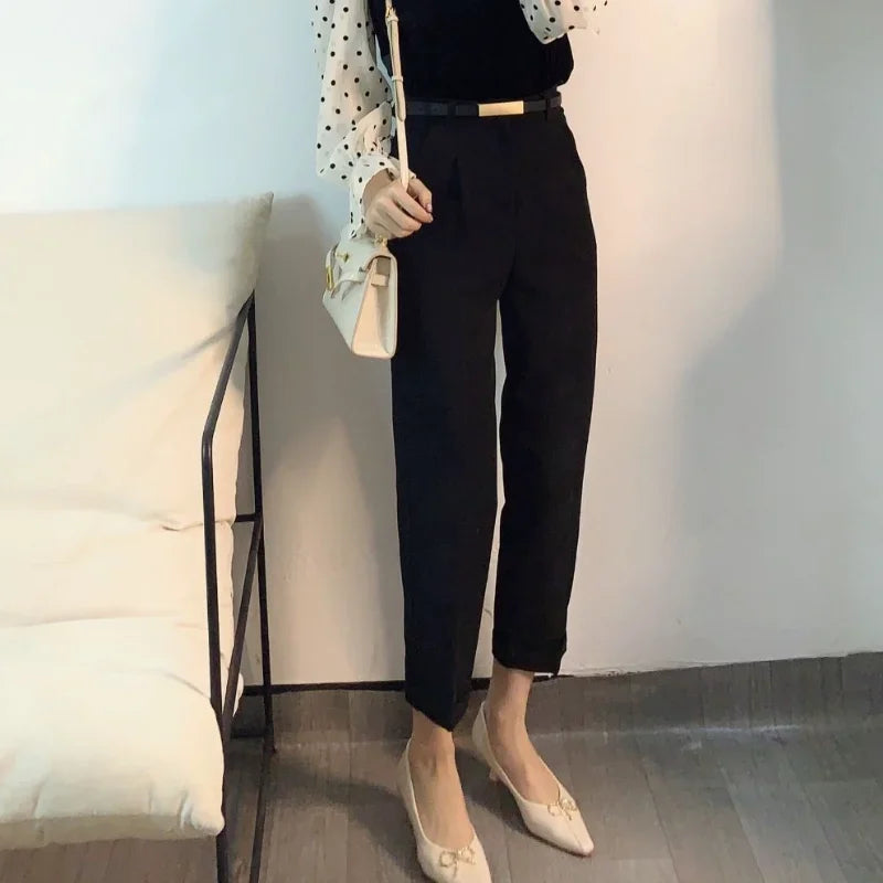 Casual Pants Women Fashion Solid Color Sashes  Slim Straight Trousers Chic Business Mujer Retro Belt.