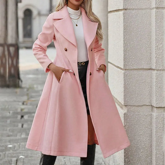 Women's Autumn Winter Coat New Streetwear Fashion Long Sleeves Female Jackets Double Breasted Overcoat Sexy Solid Coat Clothing