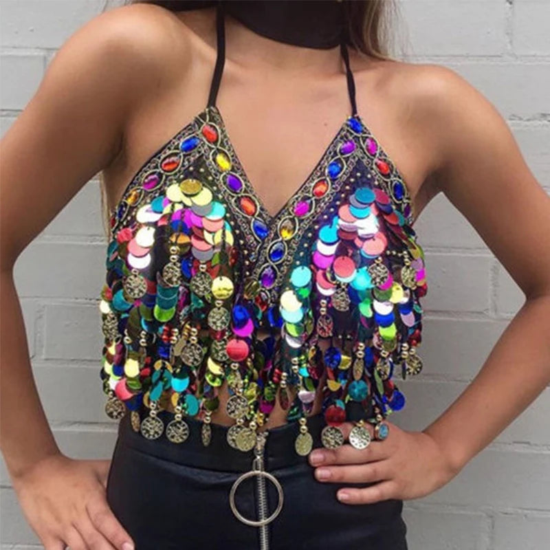 Sequin Halter Bra Top/Belly Dance Top Clubbing/Bra BH Top Bellydance Sequins Beaded Top.