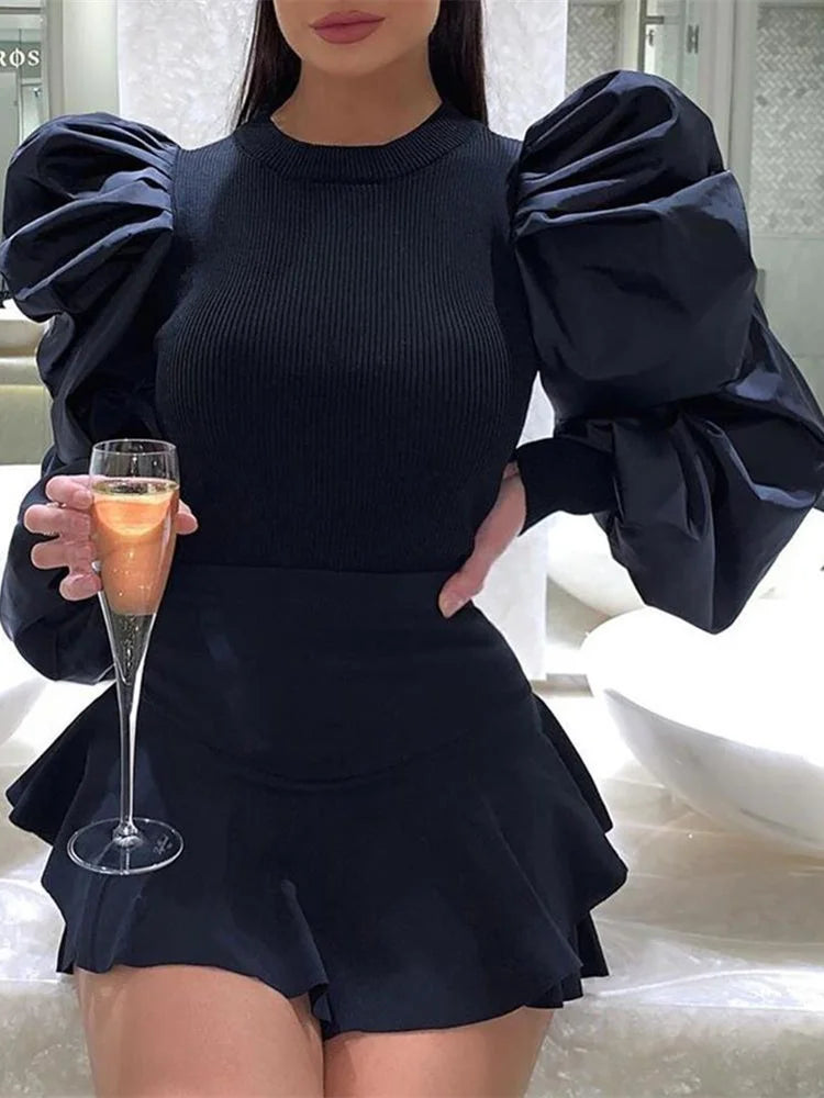 Breathable Puffed Sleeve Blouse/Solid Colored Hirigin OL Long Pullover Blouse.