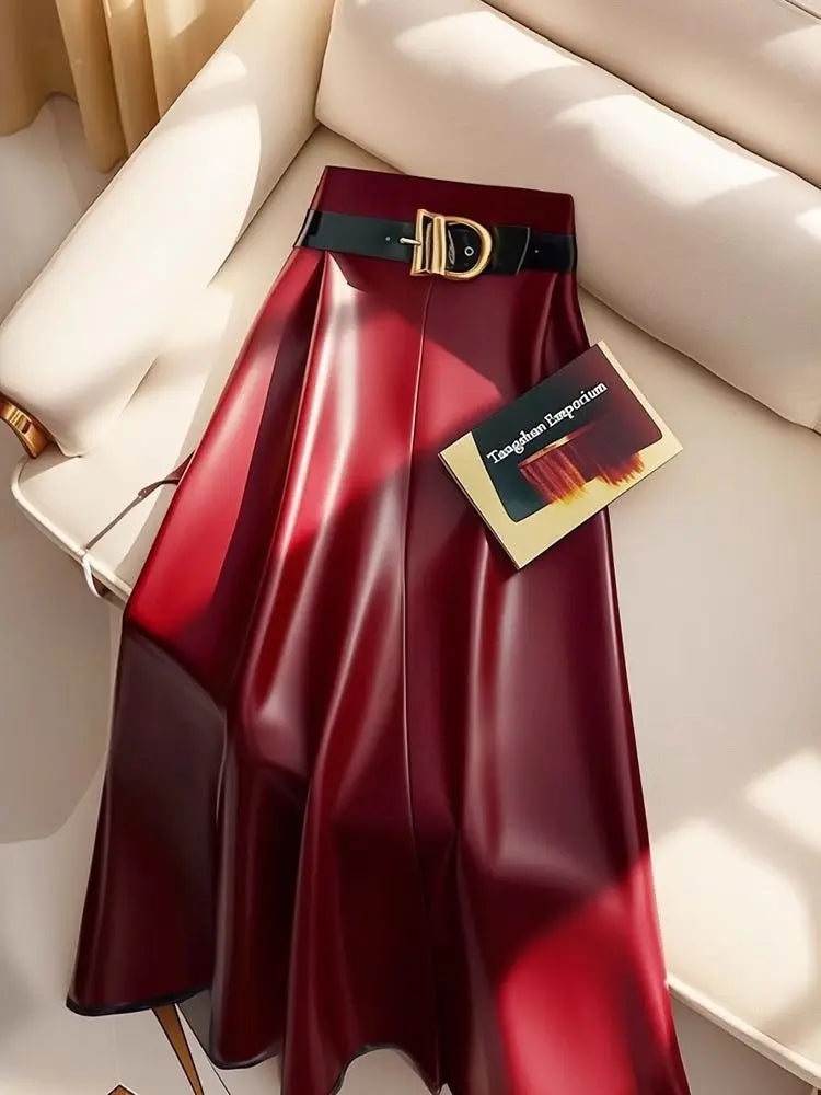 Burgundy Faux Leather A-Line Midi Skirt with Belt – Elegant High-Waist Vegan Leather Skirt