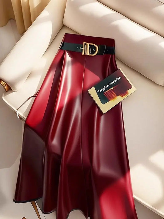 Burgundy Faux Leather A-Line Midi Skirt with Belt – Elegant High-Waist Vegan Leather Skirt