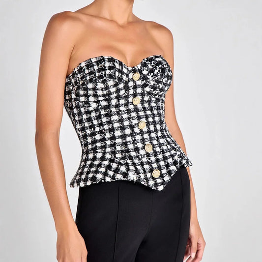 Luxury Tweed Corset Top for Women – Strapless Peplum Bustier with Gold Button Detail | Elegant Timeless Boutique Fashion