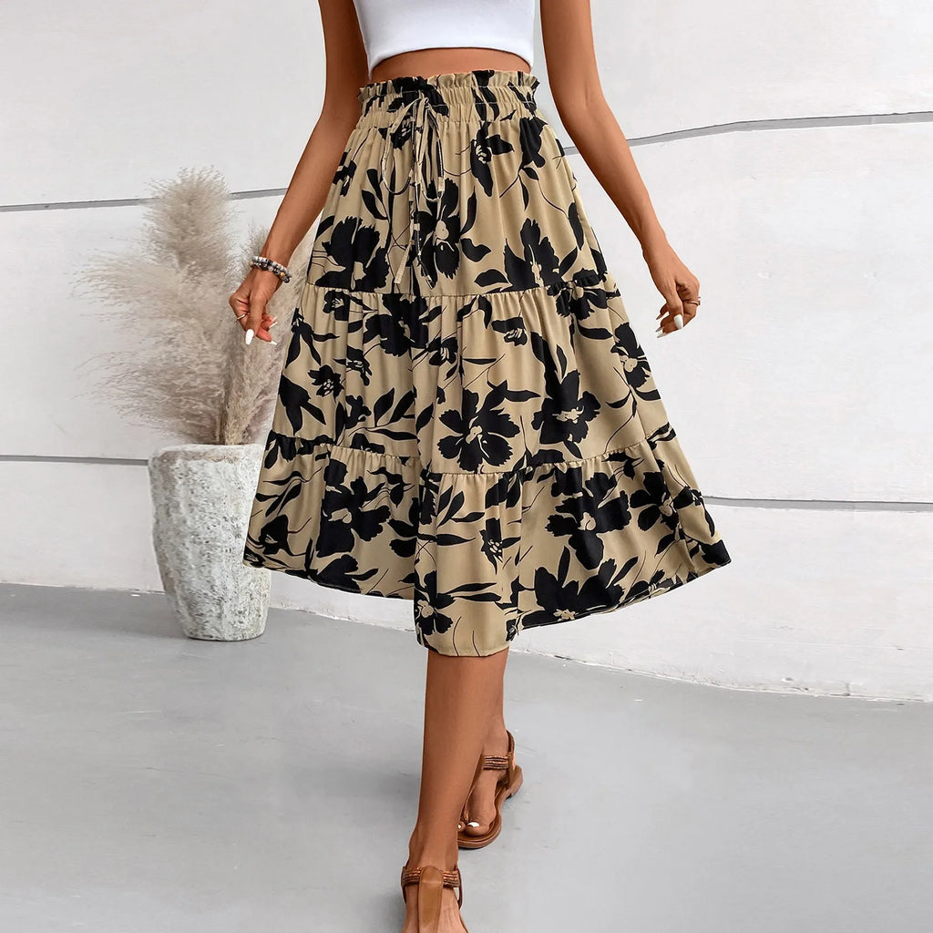 Retro Puff Floral Printed Skirt/With Pocket’s/Casual Elastic High Waist Lace-up Loose Skirts.
