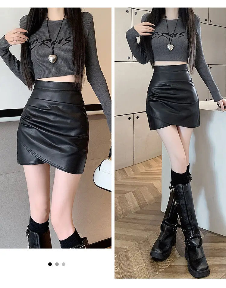 High-Waist Faux Leather Bodycon Mini Skirt – Ruched Slim Fit PU Leather Wrap Skirt for Women