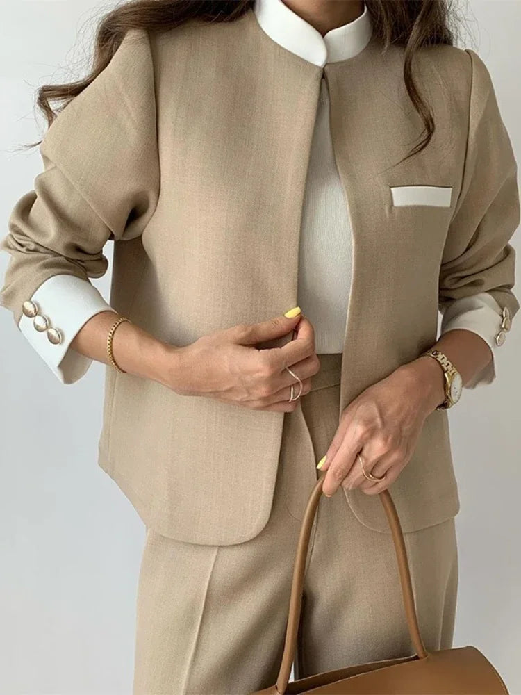Autumn Pants Set’s/Two Piece Suit Elegant Women Blazer/Cardigan Stand Collar Coat Straight Two Piece Sets Womens Outifits.
