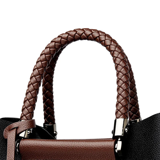 Elegant Genuine Leather Tote Handbag – Luxury Pattern Shoulder Bag with Braided Handle & Adjustable Strap