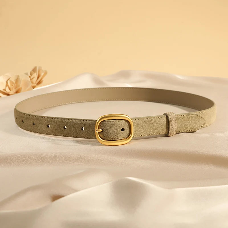 Suede Leather Skinny Fitted Belt/ Slim Waistband/Gold Buckle black Gray Casual Accessory for Jeans Pants & Dresses.