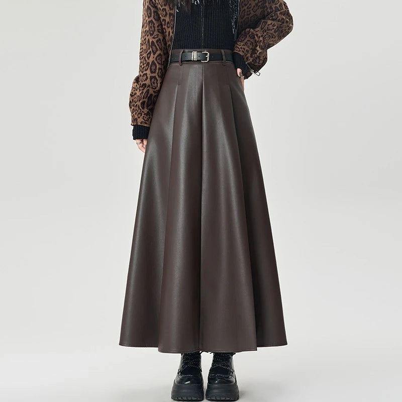 High Waist Vintage PU Leather Women's Umbrella Skirt’s/Belted 2025 New Pleated Autumn Loose A-line Long Skirts Female.