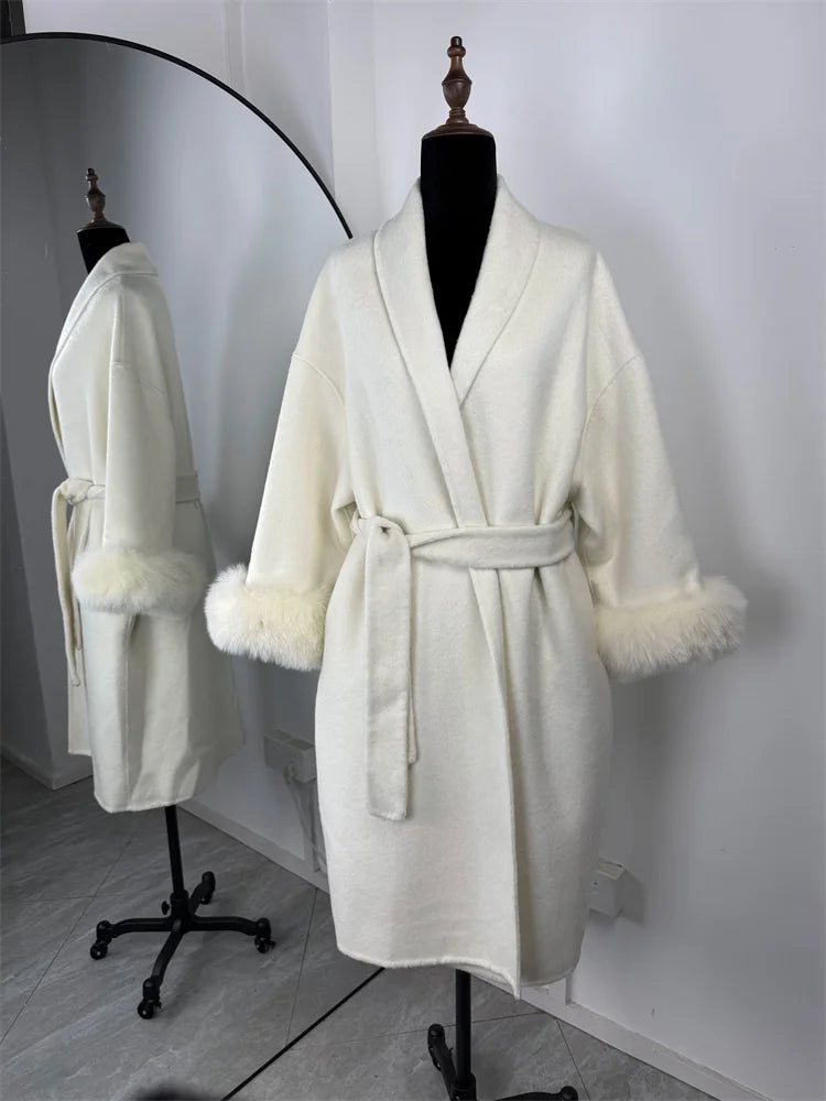 Tossy Fox Fur Overcoat/Short Fitted Cardigan Coat/Elegant Double-sided Woolen Coat.