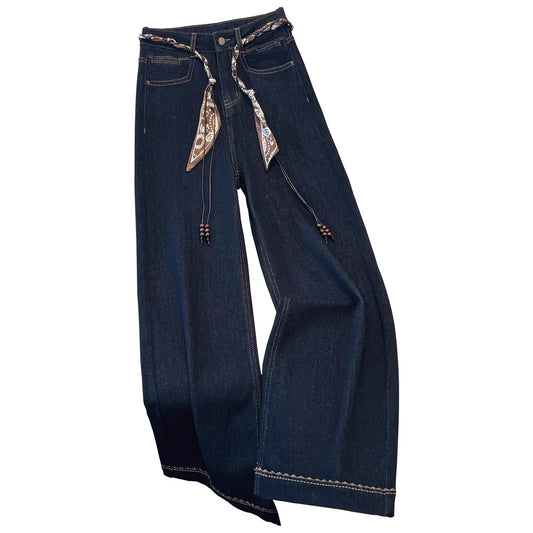 Luxury High-Waist Wide-Leg Denim Jeans with Boho Scarf Tie & Beaded Drawstring | Modern Blend Boutique