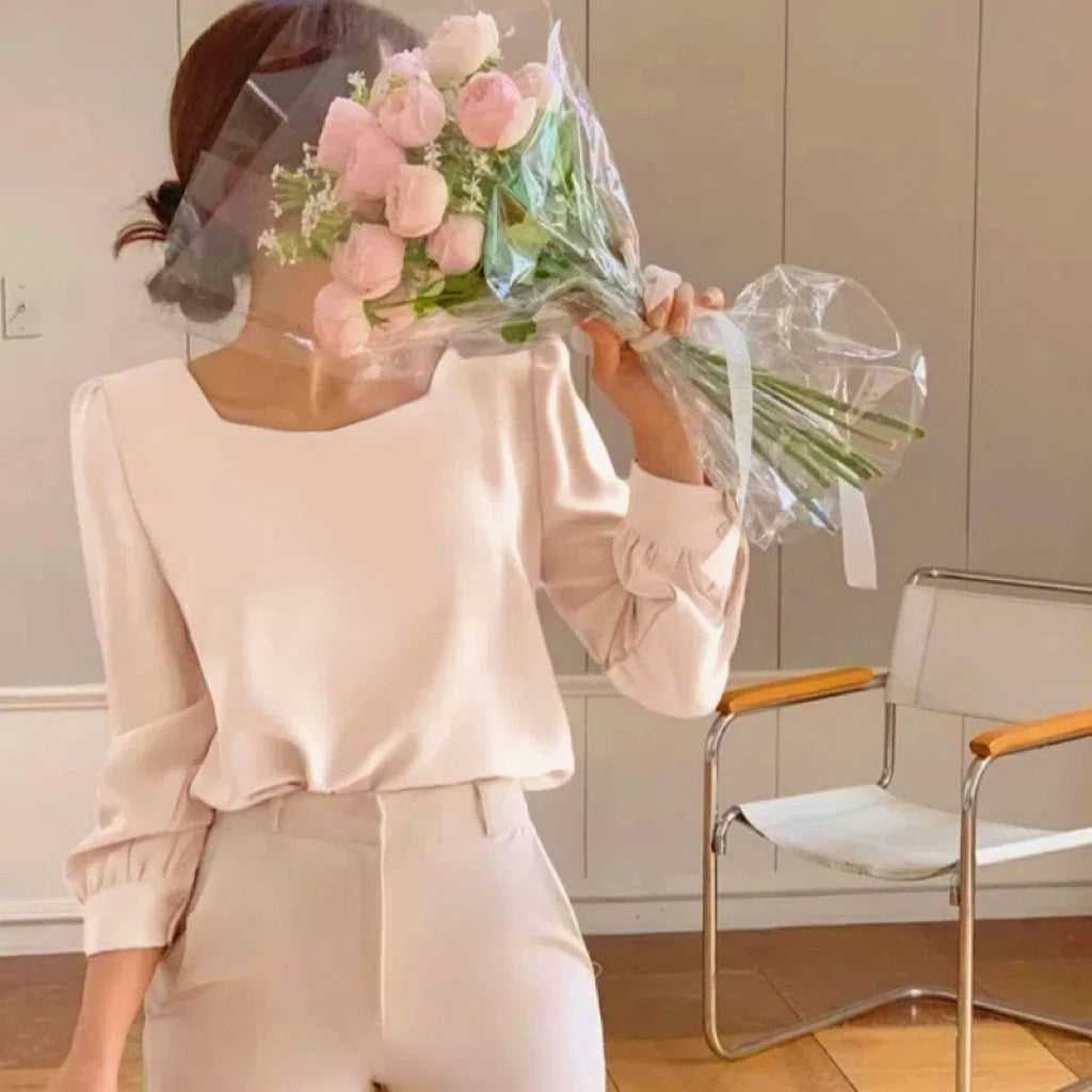 Solid Puff Square Collar Blouse for Women/Casual Loose Fitted Style.