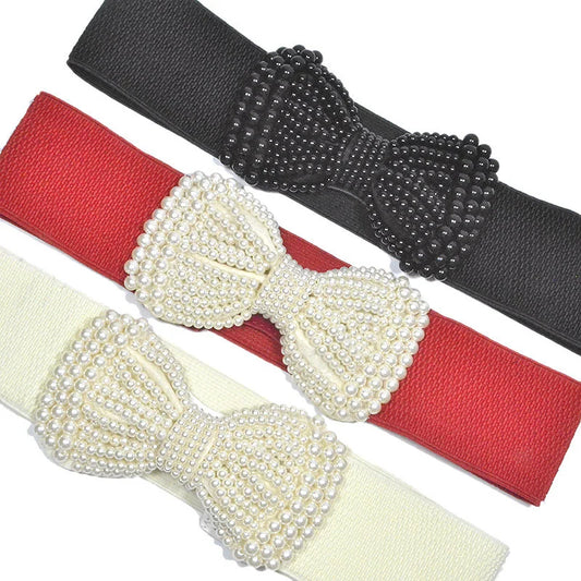 Refined Bowknot Elastic Belt/Elegant Women Wide Side Waistband/Female Dress Coat Clothing Exquisite Decoration Belt.