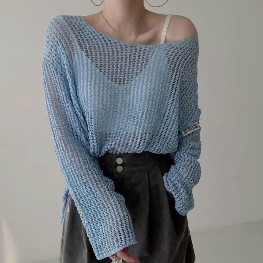 Hollow Out Pullovers Women Baggy O-neck Clothing/Casual Simple Stylish Vintage See-through Streetwear.
