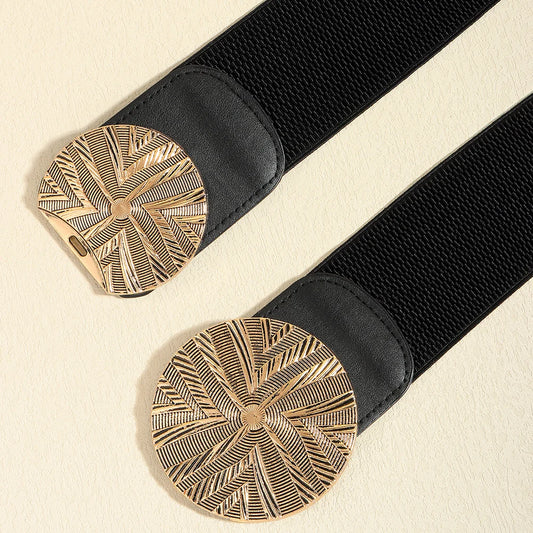 Luxury Wide Elastic Waist Belt for Women – Gold Statement Buckle Stretch Fashion Belt