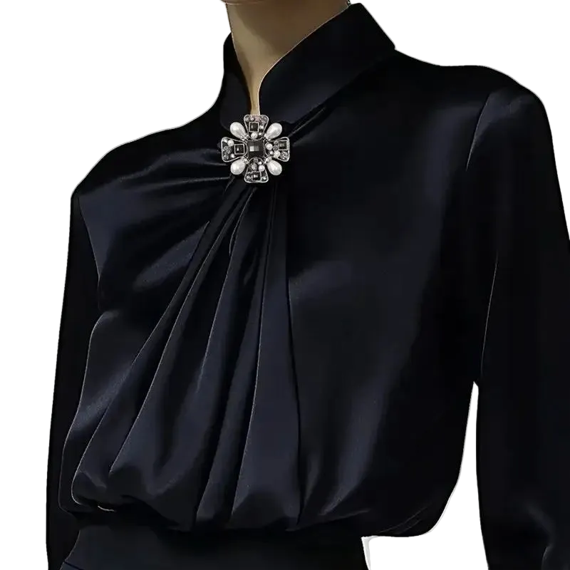 Black Satin High-Neck Blouse with Crystal Accent|Elegant Jewel Neck Long Sleeve Satin Blouse