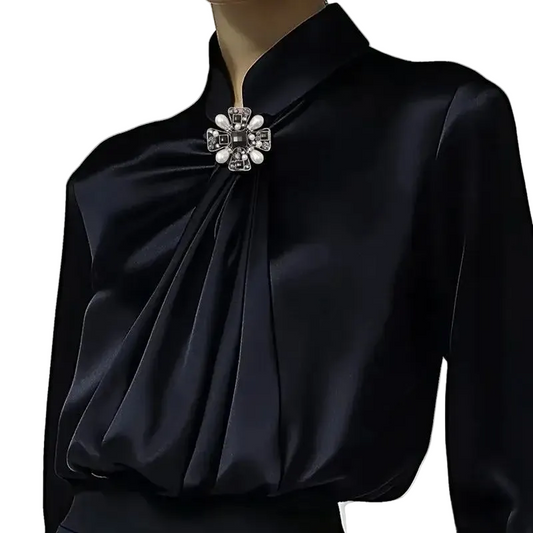 Black Satin High-Neck Blouse with Crystal Accent|Elegant Jewel Neck Long Sleeve Satin Blouse