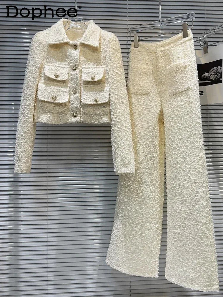 Solid Long Sleeved Buttoned Jacket/Straight Leg Trouser’s/Tweed Pocket Short Jacket + Pant’s/Vintage Designed Pullover.