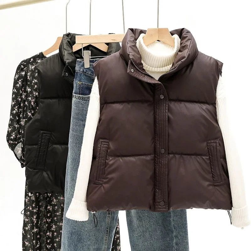 New Autumn Casual Loose Down Cotton Vests Women Stand Collar Short Sleeveless Coats Solid Zipper Waistcoat Winter Warm Vest