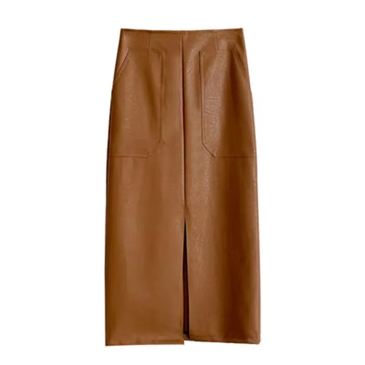Modern Blend Boutique Women’s High-Waisted Faux Leather Midi Pencil Skirt – Elegant Front Slit, Slim Fit PU Leather Skirt, Timeless Chic Office & Evening Wear
