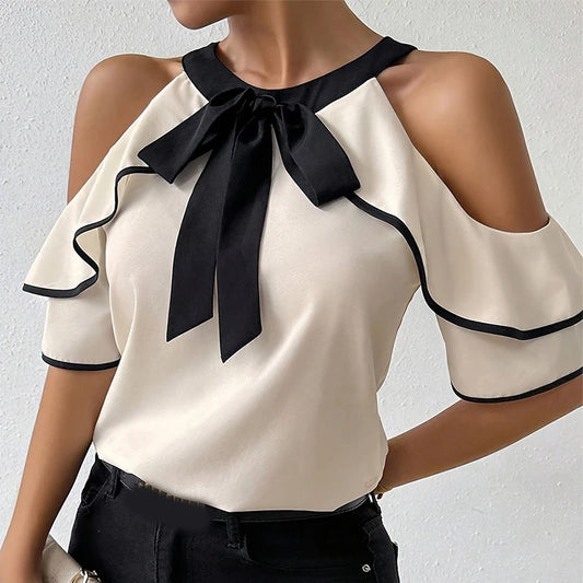 Elegant Bow Strapped Blouse/New Designed Off Shoulder Blouse/Double Ruffled Short Sleeve Shirt/All-Match Solid Top.