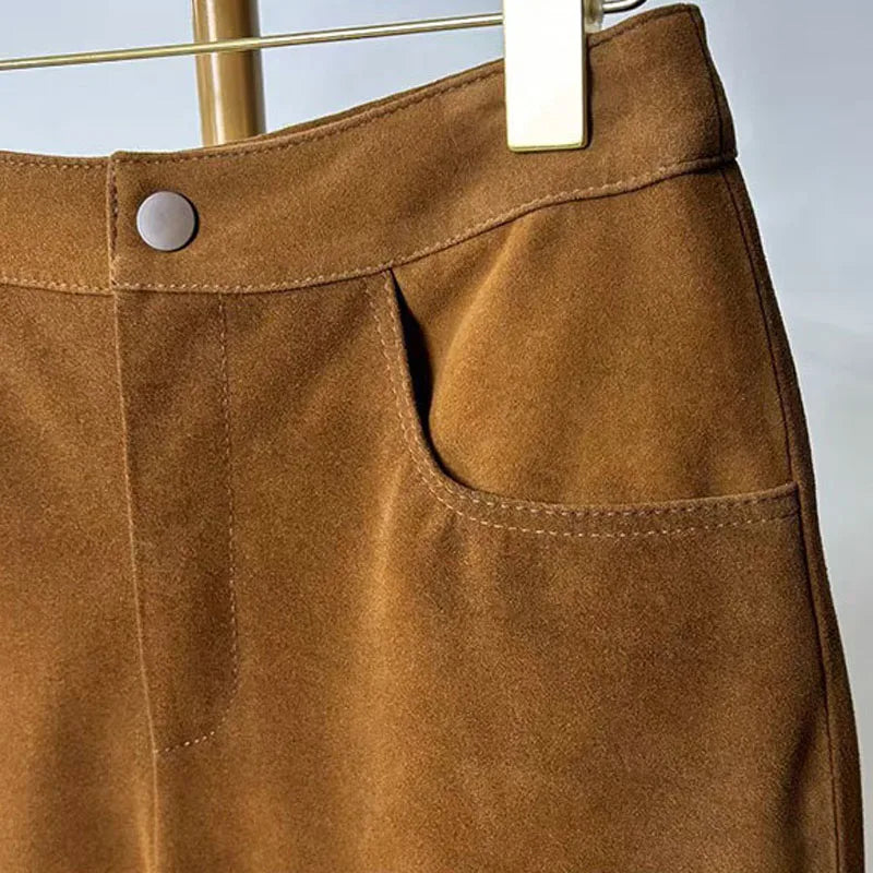 Sheepskin Real Suede Leather Shorts for Women – Genuine Leather Slimming Straight-Leg Mid-Waist Trousers in Coffee Brown | Fall Fashion