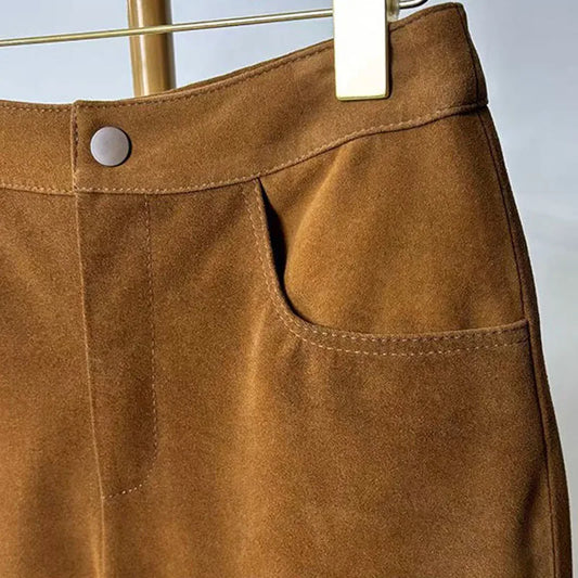 Sheepskin Real Suede Leather Shorts for Women – Genuine Leather Slimming Straight-Leg Mid-Waist Trousers in Coffee Brown | Fall Fashion