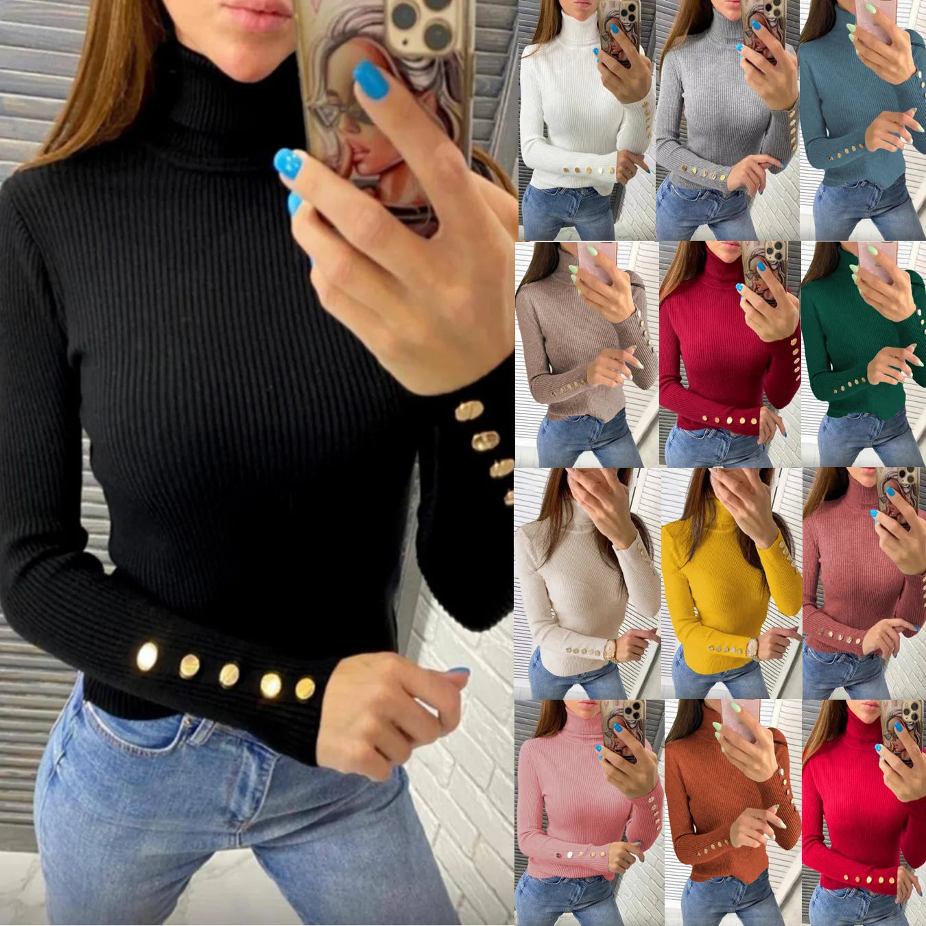Stylish Sleeved End Buttoned Sweater/Woman High Neck Pullover/Solid Full Length Knitted Sweater.