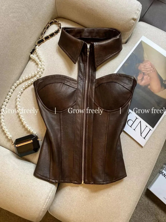 Luxury Halter Neck Corset Bustier Top with Collar & Front Zipper – Champagne Beige & Chocolate Brown Faux Leather Sculpted Top