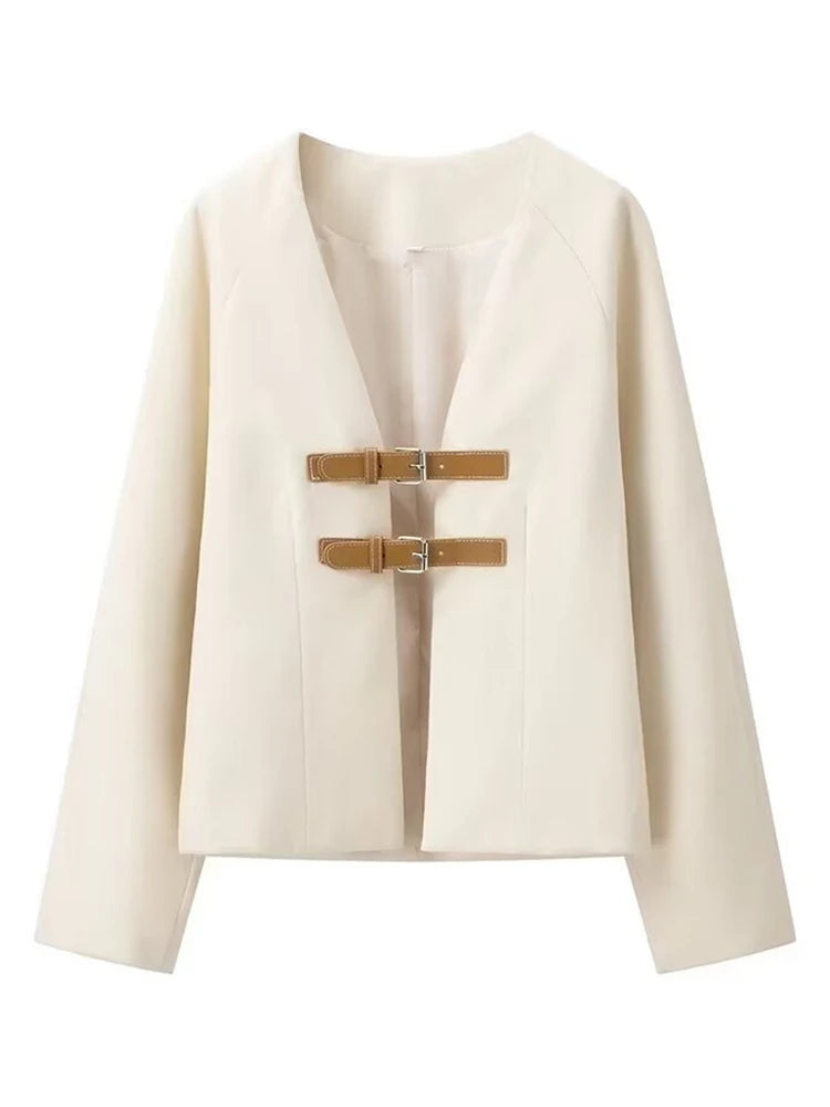Strapped V Neck Elegant Blazer/New Long Sleeve/Metal Buckle Jacket Fashion Tide Autumn.